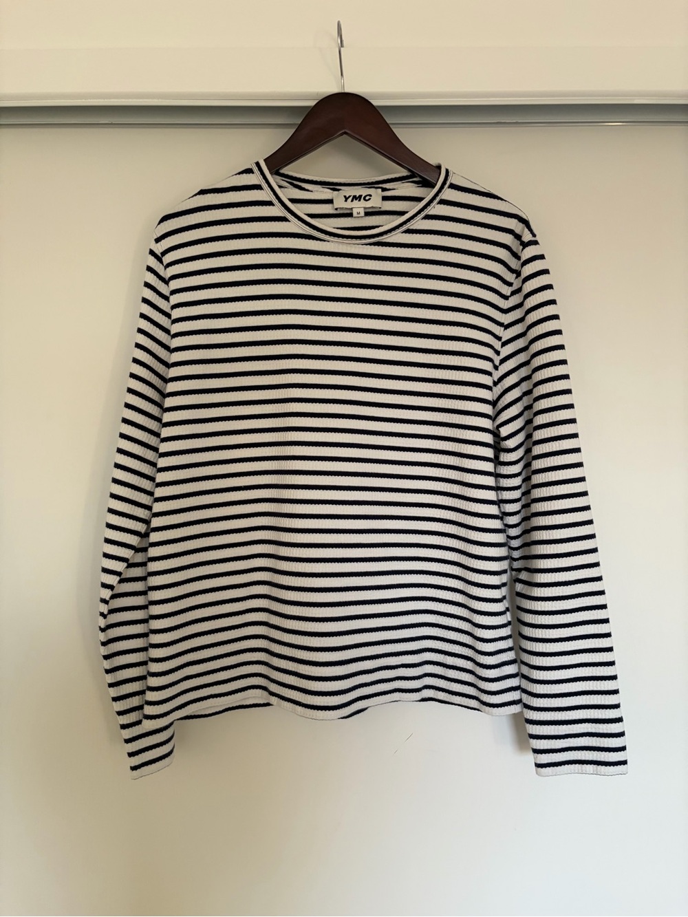 YMC Navy and White Striped Long-Sleeve Crewneck